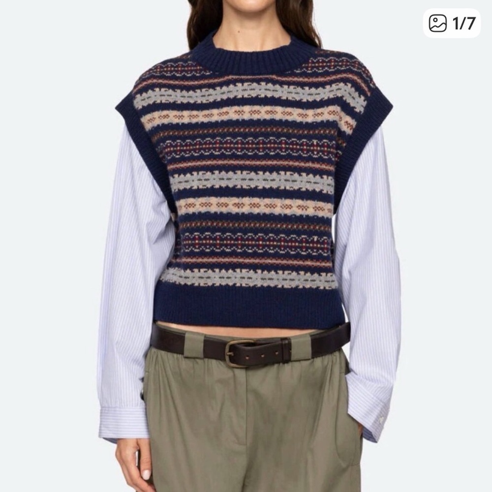 Sea New York Navy Knit Vest with Striped Sleeves